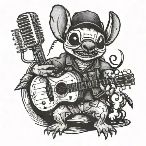 A blackwork tattoo of Stitch dressed as a country singer, performing on stage with a band made up of various animals playing musical instruments tattoo design idea