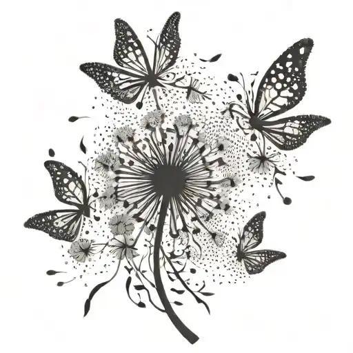An intricate dotwork pattern of dandelion seeds floating away like butterflies tattoo design idea