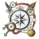 compass with eye for north, thor hammer for south, a book for west, and a statue of a lady for east tattoo design idea