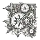 compass with eye for north, thor hammer for south, a book for west, and a statue of a lady for east tattoo design idea