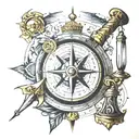 compass with eye for north, thor hammer for south, a book for west, and a statue of a lady for east tattoo design idea
