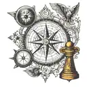 compass with eye for north, thor hammer for south, a book for west, and a statue of a lady for east tattoo design idea