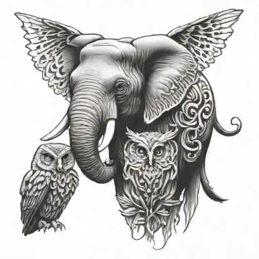 elephant and owl tattoo design idea