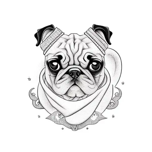 Create an image in the style of American traditional tattoo art featuring a black pug in a sitting position. The pug sho tattoo design idea