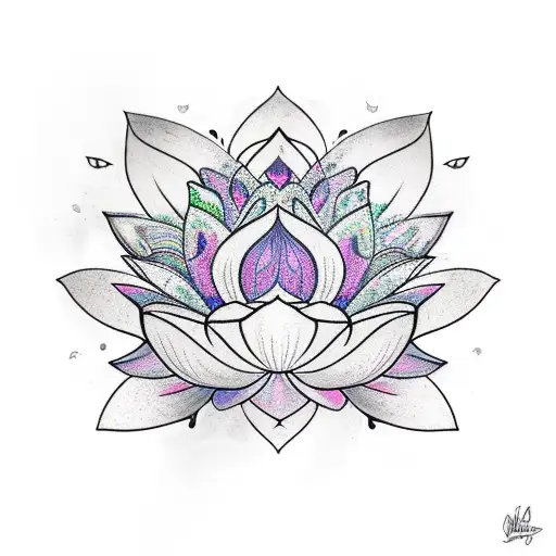 an imperfect lotus, from the side, with pastel coloring and mandala flourishing tattoo design idea