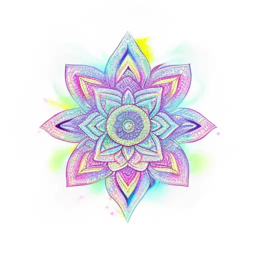 an imperfect lotus, from the side, with pastel coloring and mandala backdrop tattoo design idea
