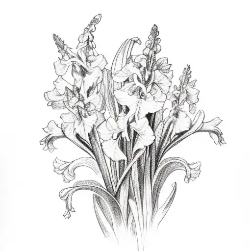 larkspur, gladiolus, and narcissus bouquet tattoo design idea