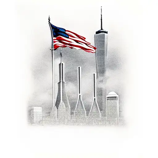 a compasss and the twin towers with American flag weaving through  tattoo design idea