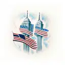 a compasss and the twin towers with American flag weaving through  tattoo design idea