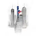 a compasss and the twin towers with American flag weaving through  tattoo design idea