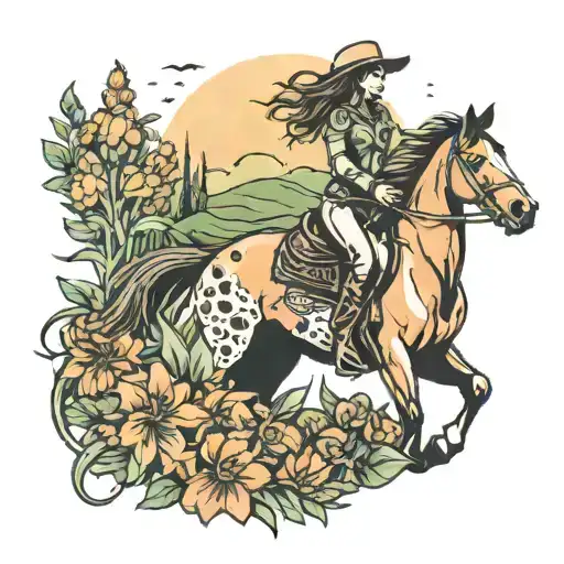 A cowgirl riding a horse through a field of orange and green flowers at sunset tattoo design idea