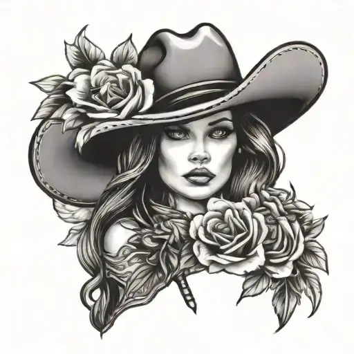 A cowgirl in a cowboy hat and boots, holding a bouquet of flowers with a sunset background tattoo design idea