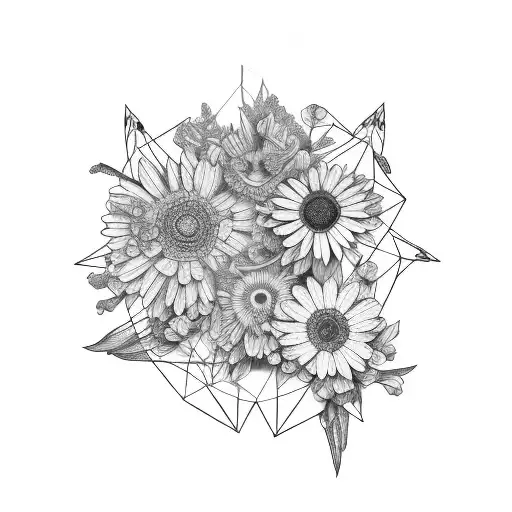 wildflowers, geometric shapes, delicate lines, wraps around arm tattoo design idea