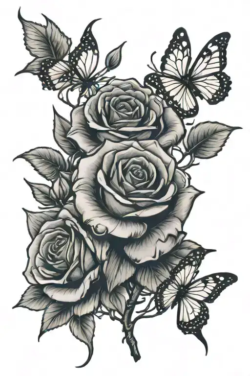 Tattoo design with a rose branch, dollar and butterfly in a way that gives the meaning of freedom and having money tattoo design idea