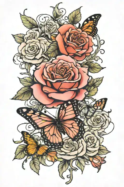Tattoo design with rose branch and dollar and butterfly and color tattoo design idea