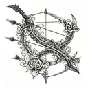bow and arrow, on the arrow the initials BALC and on the bow the initials JELD and KPCL on each side tattoo design idea