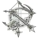 bow and arrow, on the arrow the initials BALC and on the bow the initials JELD and KPCL on each side tattoo design idea