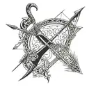 bow and arrow, on the arrow the initials BALC and on the bow the initials JELD and KPCL on each side tattoo design idea