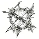 bow and arrow, on the arrow the initials BALC and on the bow the initials JELD and KPCL on each side tattoo design idea