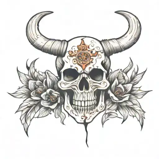 Create a detailed description of a leather tooled arm piece featuring a skull head with long horns and intricate red flo tattoo design idea