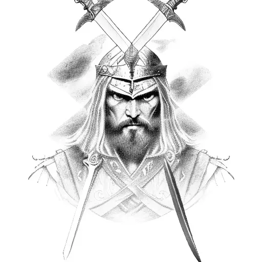 An immortal warrior wielding a sword in a fantasy landscape tattoo design idea