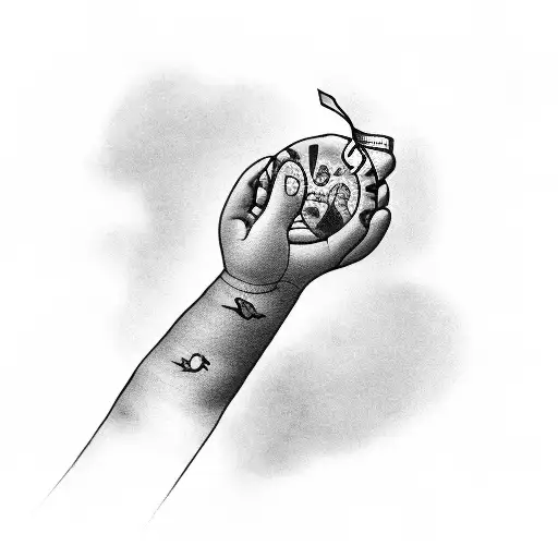 A black-grey tattoo of a child reaching for the stars with a NICU ribbon tied around their wrist tattoo design idea