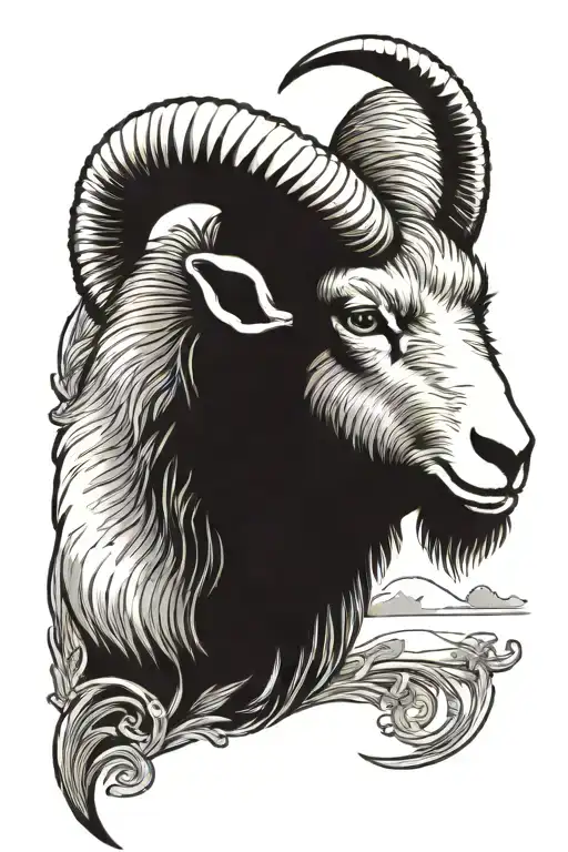  traditional-style angry ram, its fur bristling with intensity, "D" brand on it shoulder, Texas landscape in background tattoo design idea