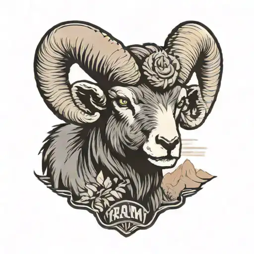  traditional-style angry ram, "D" brand on the shoulder, Texas landscape in background tattoo design idea