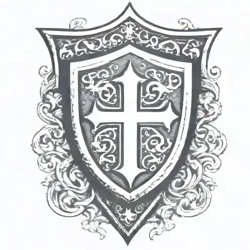 medeival shield with cross, with visible embedded letters: B K D A tattoo design idea