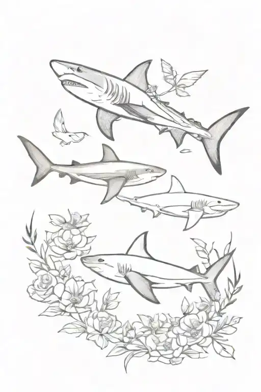 sharks, flowers and birds tattoo design idea