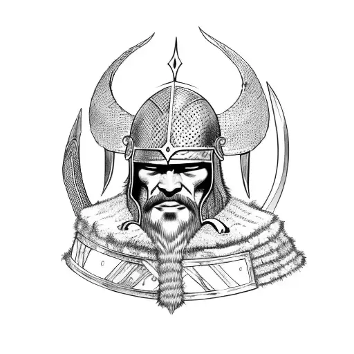 A dynamic and visually striking representation of a Viking warrior, equipped with a helmet, shield, and axe, exuding str tattoo design idea