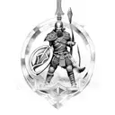 A dynamic and visually striking representation of a Viking warrior, equipped with a helmet, shield, and axe, exuding str tattoo design idea
