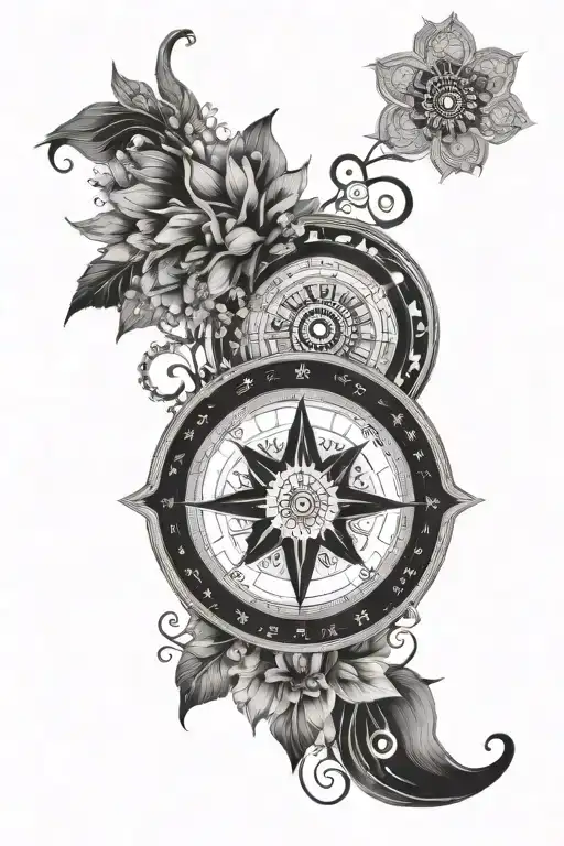 A black and grey compass surrounded by spiritual symbols like mandalas and lotus flowers tattoo design idea