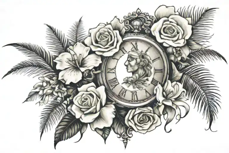 White Rose, Lady of Guadalupe, palm tree, orchid, Clock, Nelly, Mike tattoo design idea