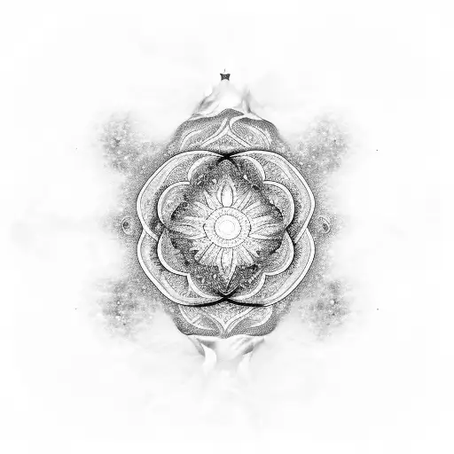 A cosmic rose with intricate patterns and shading, surrounded by ethereal clouds and twinkling stars tattoo design idea