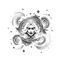 A celestial angel surrounded by swirling clouds and holding a bouquet of roses, floating in outer space tattoo design idea