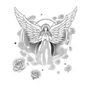 A celestial angel surrounded by swirling clouds and holding a bouquet of roses, floating in outer space tattoo design idea