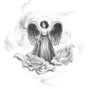 A celestial angel surrounded by swirling clouds and holding a bouquet of roses, floating in outer space tattoo design idea