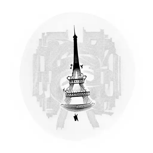 A blackwork tattoo of a vinyl record with the image of the Eiffel Tower engraved on it tattoo design idea