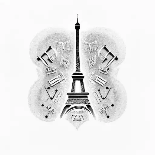A detailed tattoo of the Eiffel Tower with musical instruments incorporated into the structure tattoo design idea