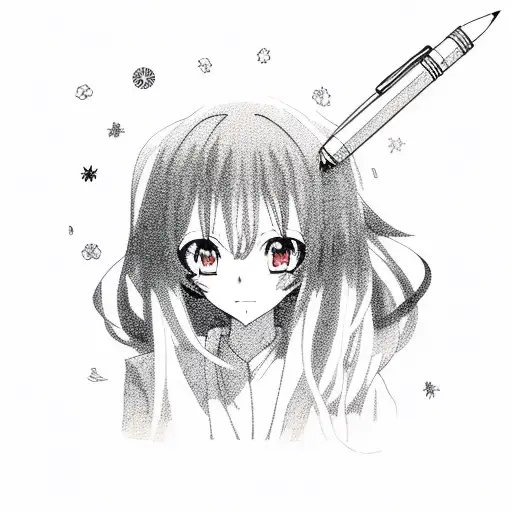 A comedic anime character holding a pen and a joint, surrounded by dream catchers tattoo design idea