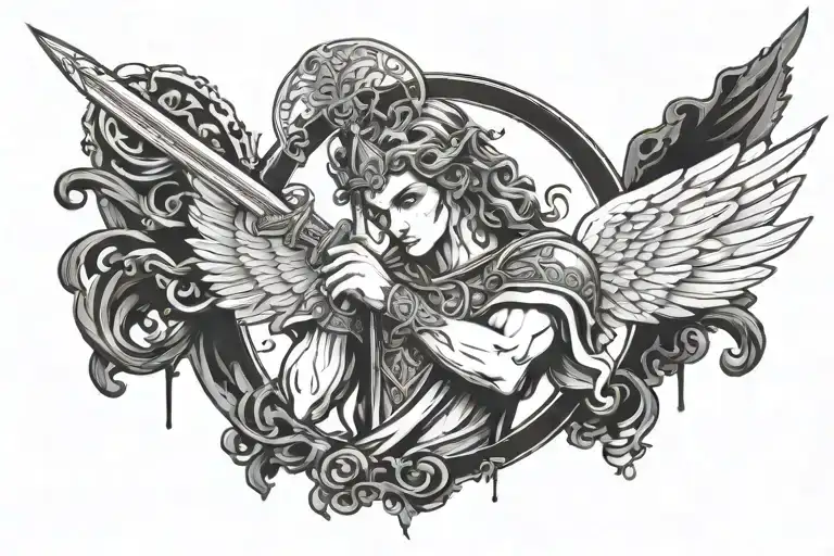 an angel with 7 eyes and a sword in the middle tattoo design idea