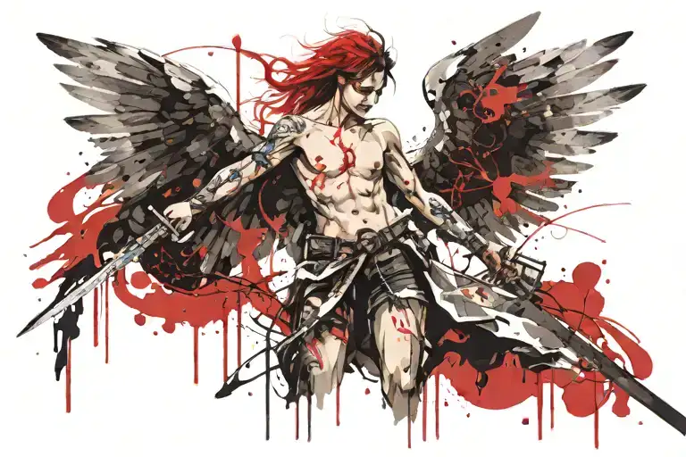 an angel with 7 eyes and a sword in the middle tattoo design idea