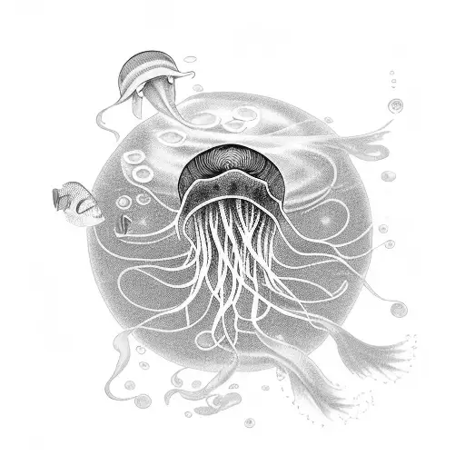 A black-grey tattoo of a jellyfish floating in a serene underwater scene with colorful fish tattoo design idea