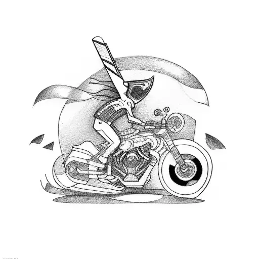 Draw me a line-only, cute, and abstract tattoo design that has a cartoon character ridding a sport motorcycle tattoo design idea