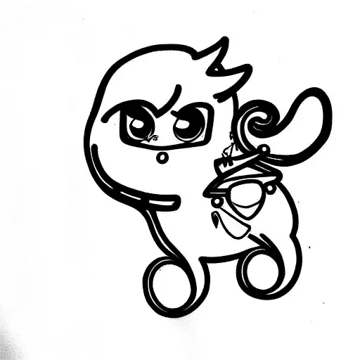 Draw me a cute, and abstract tattoo design that has a cartoon character ridding a sport motorcycle tattoo design idea