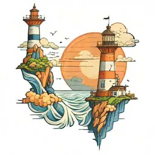 Lighthouse near ocean, in blue and orange, squared around in Porto mosaic style tattoo design idea