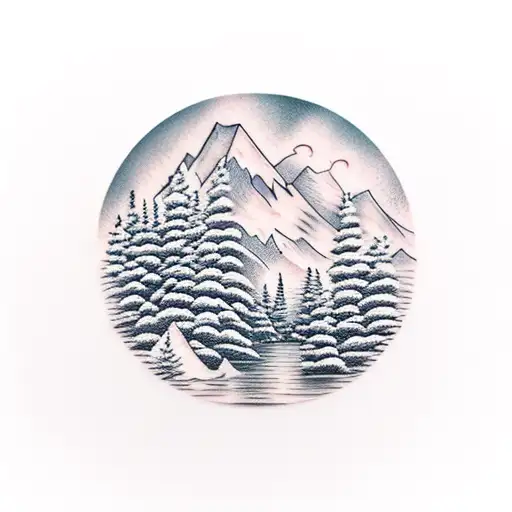 mountain range with a lake, forest, and hiking trail in the foreground tattoo design idea