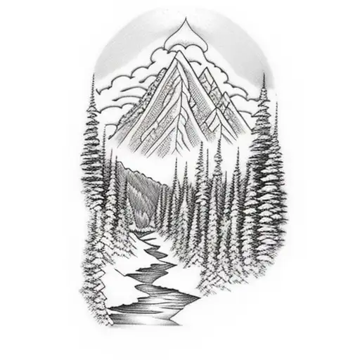 mountain range with a lake and hiking trail in the foreground tattoo design idea