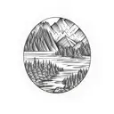 mountain range with a lake, forest, and hiking trail in the foreground tattoo design idea
